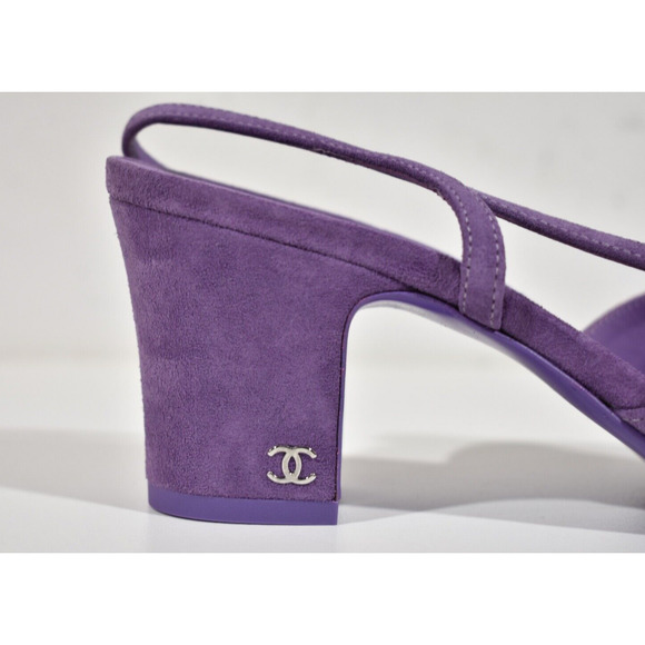 Chanel 23S Mademoiselle Coco Sling Purple Suede Slingback Sandal Block Heel 40.5 - Picture 3 of 11